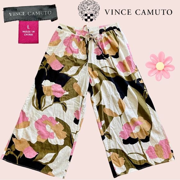 Vince Camuto Linen Blend Floral Print Wide Leg Drawstring Pants Blush Camo L - Picture 1 of 16